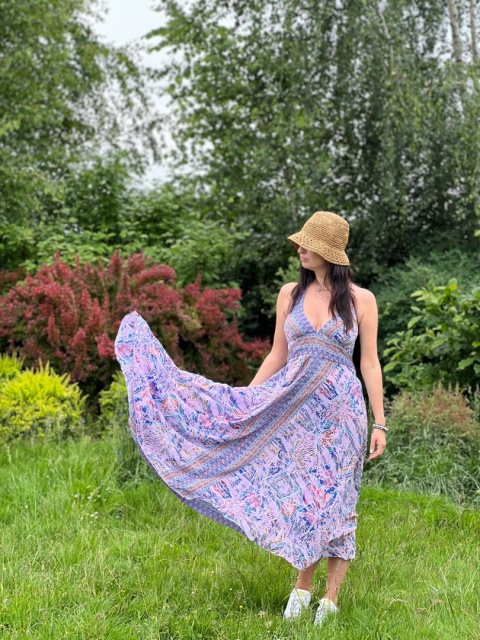 Długa sukienka boho z gumą fiolet