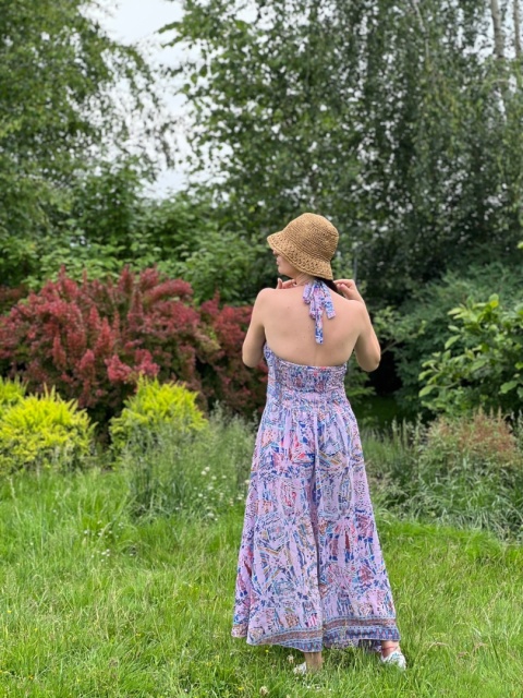 Długa sukienka boho z gumą fiolet