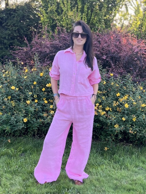 Lniane długie spodnie róż