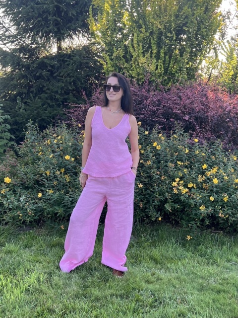 Lniane długie spodnie róż