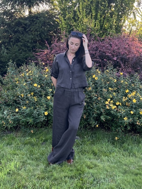 Lniana krótka koszula czekolada