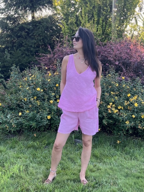 Lniana koszulka na ramiączkach róż